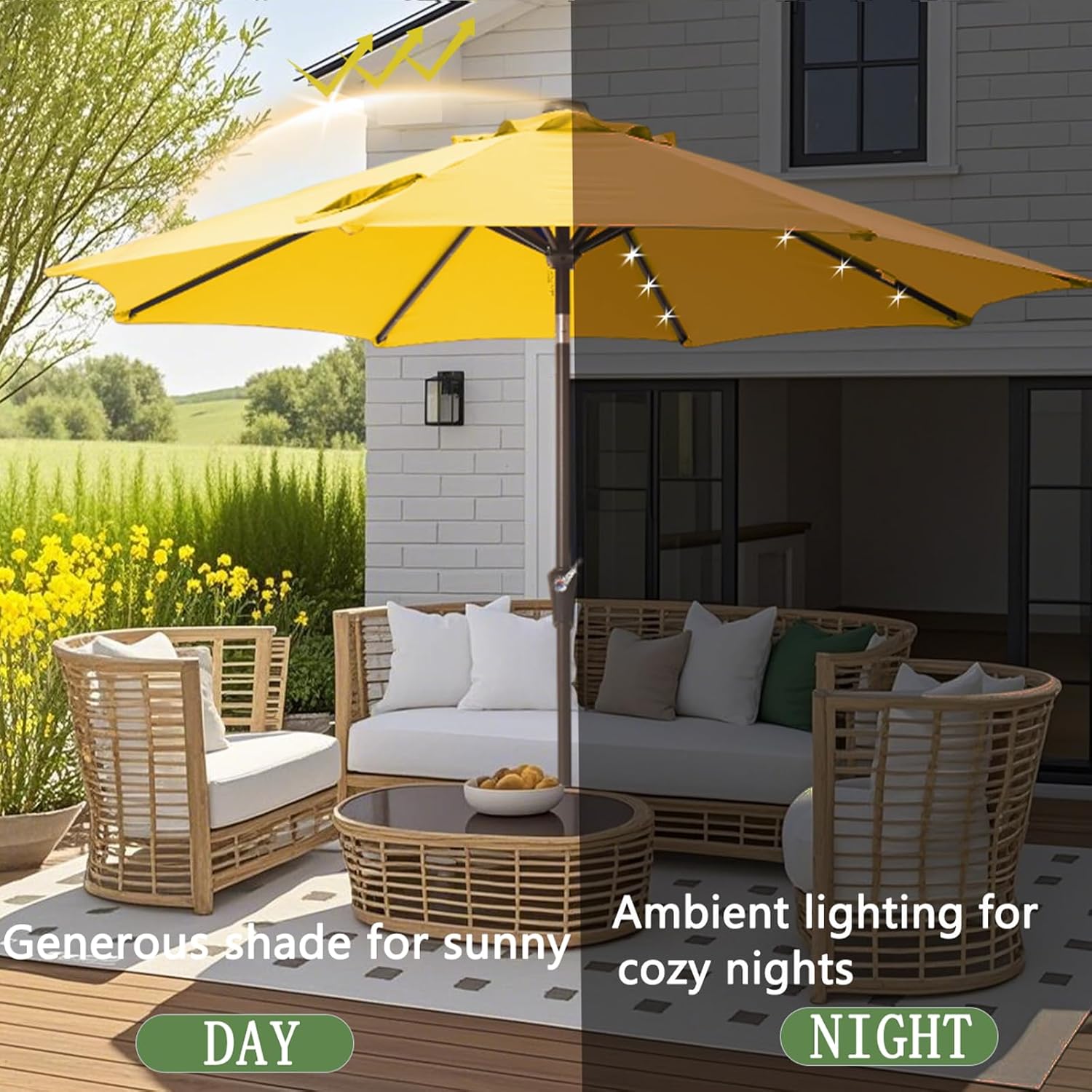 9FT Solar LED Patio Umbrella with 32 Lights and Tilt Crank Yellow