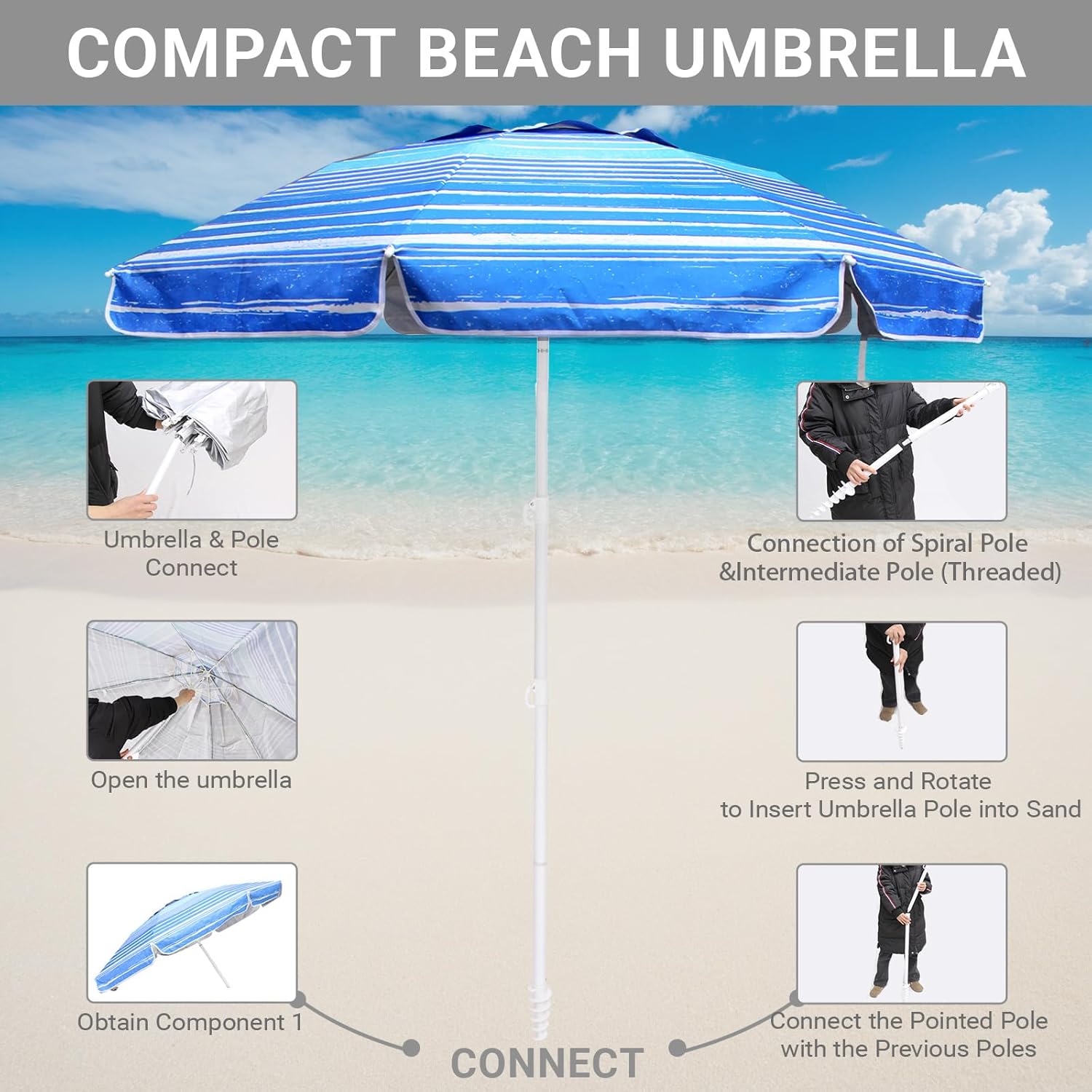 6.5ft Beach Umbrella Blue Stripe
