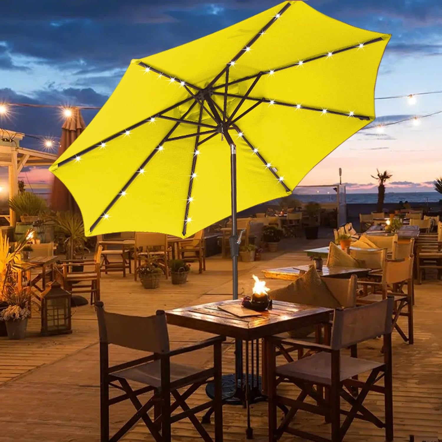 9FT Solar LED Patio Umbrella with 32 Lights and Tilt Crank Yellow