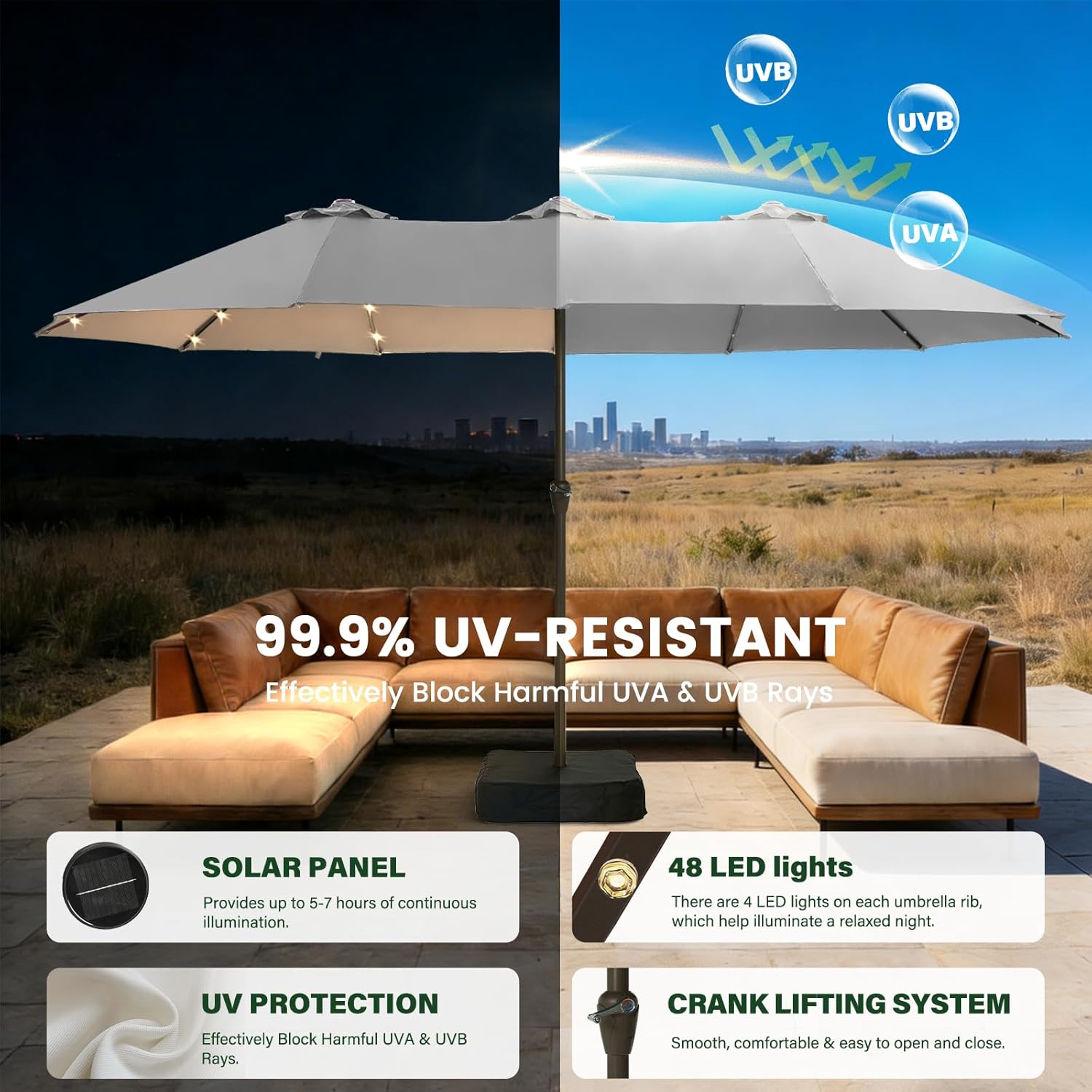 15FT Large Patio Umbrella with Solar Lights Light Gray