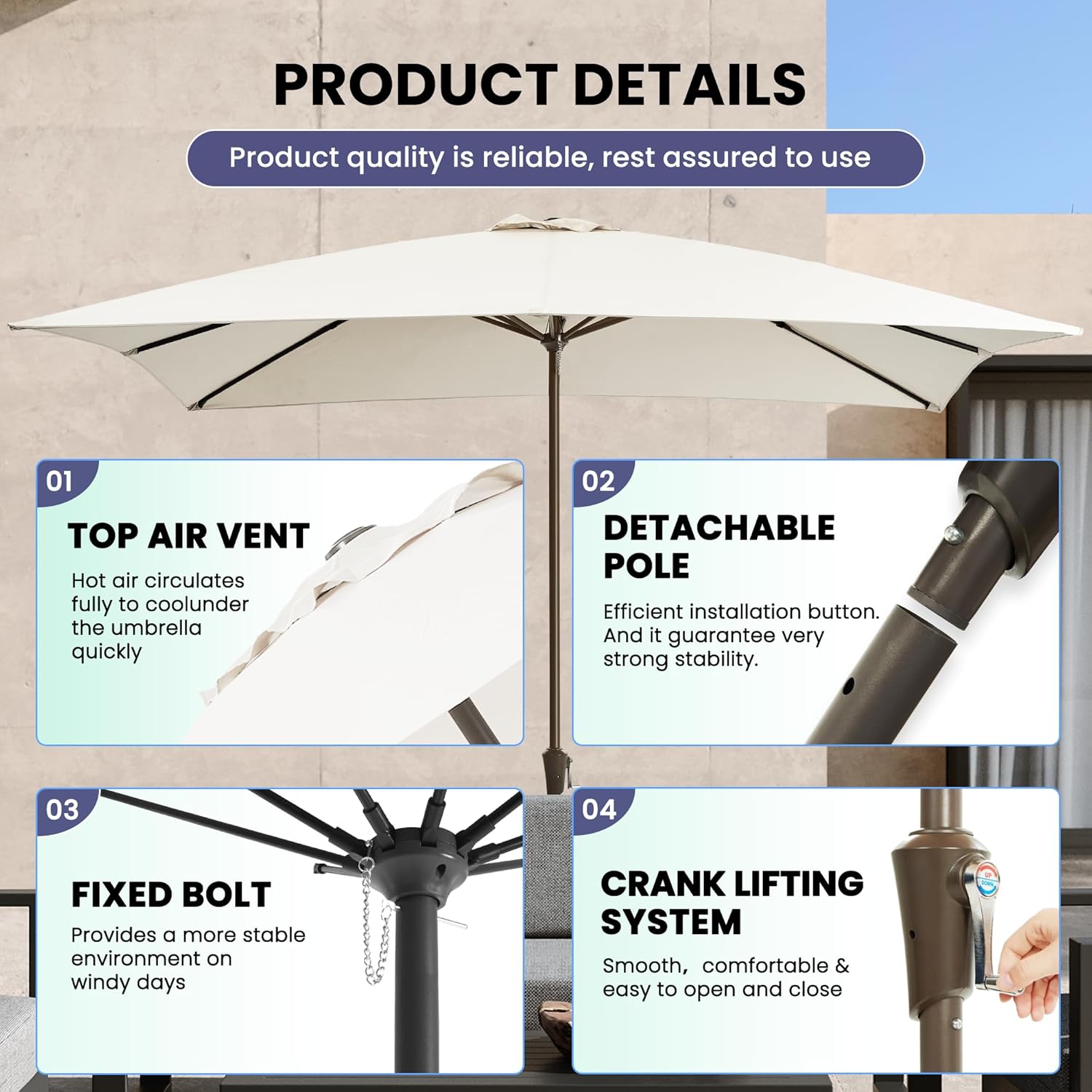 8x10FT Large Rectangular Patio Umbrella Cream White