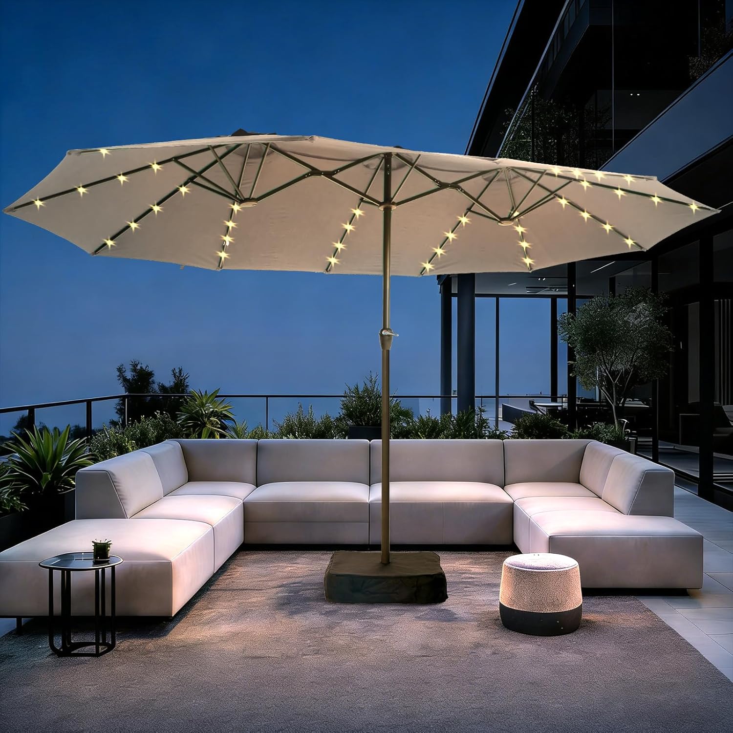 15FT Large Patio Umbrella with Solar Lights Light Gray