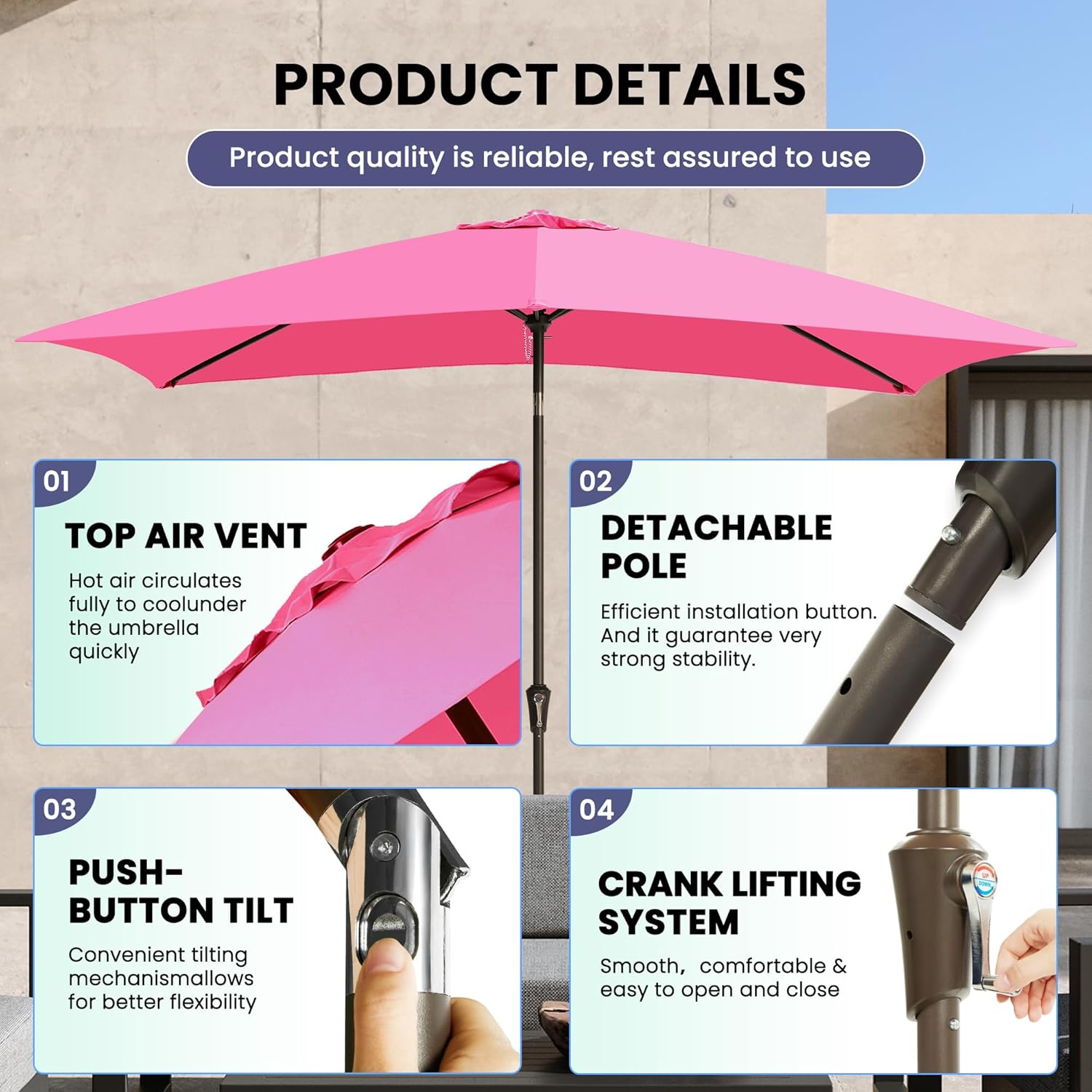 6.5x10FT Rectangular Patio Umbrella Pink