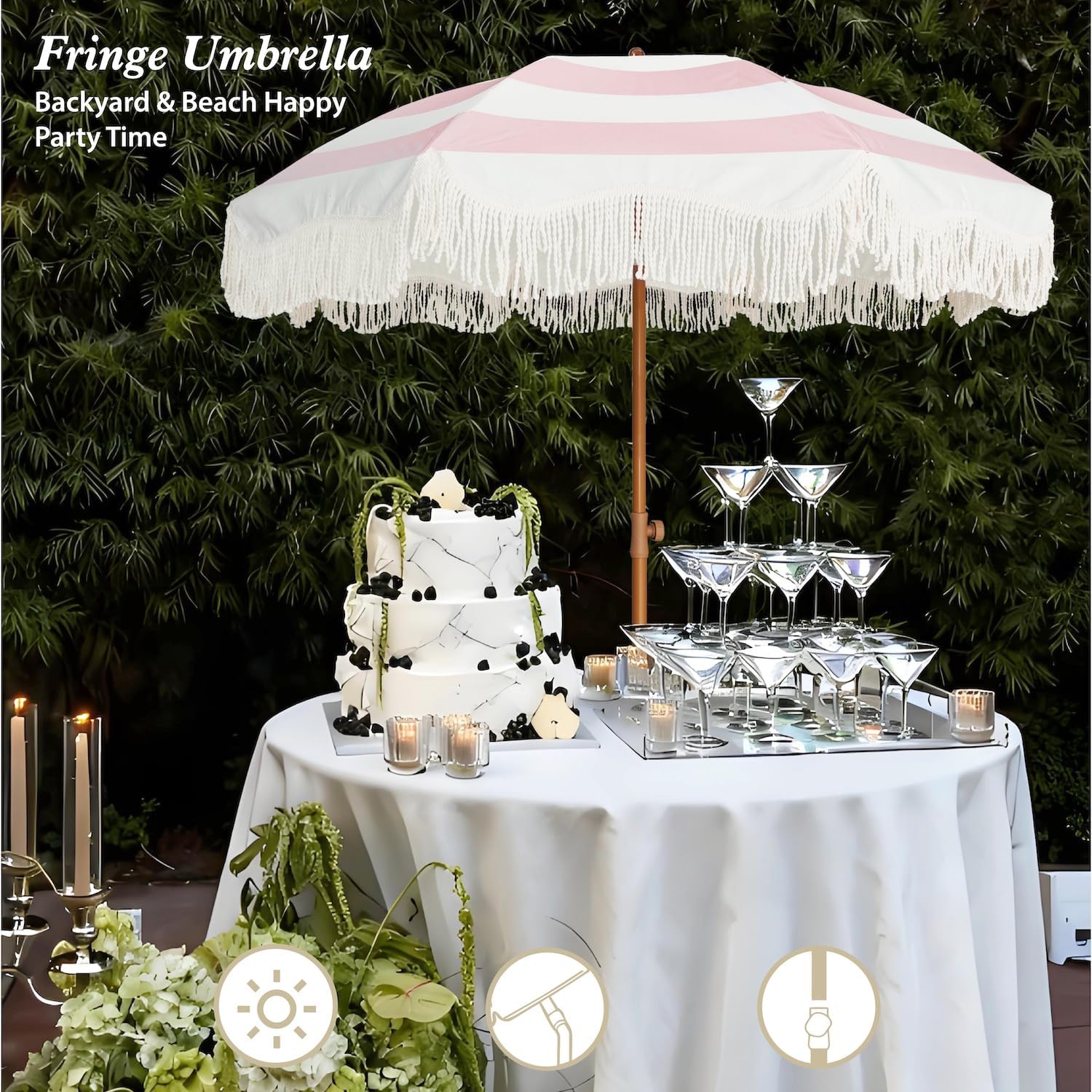 Boho Fringe Umbrella Outdoor Patio Pink Stripes