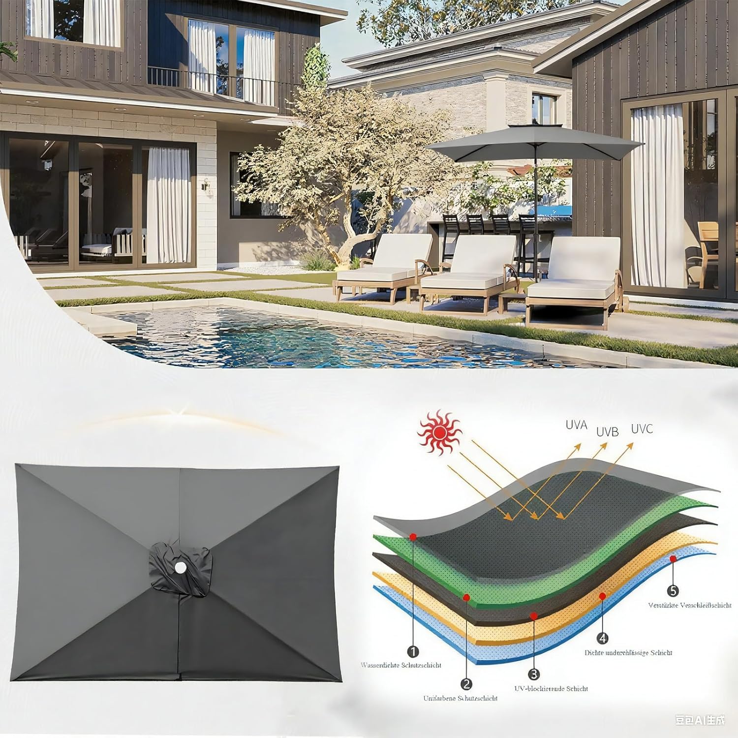 Outdoor Patio Umbrella Replacement Canopy 6 Ribs Gray