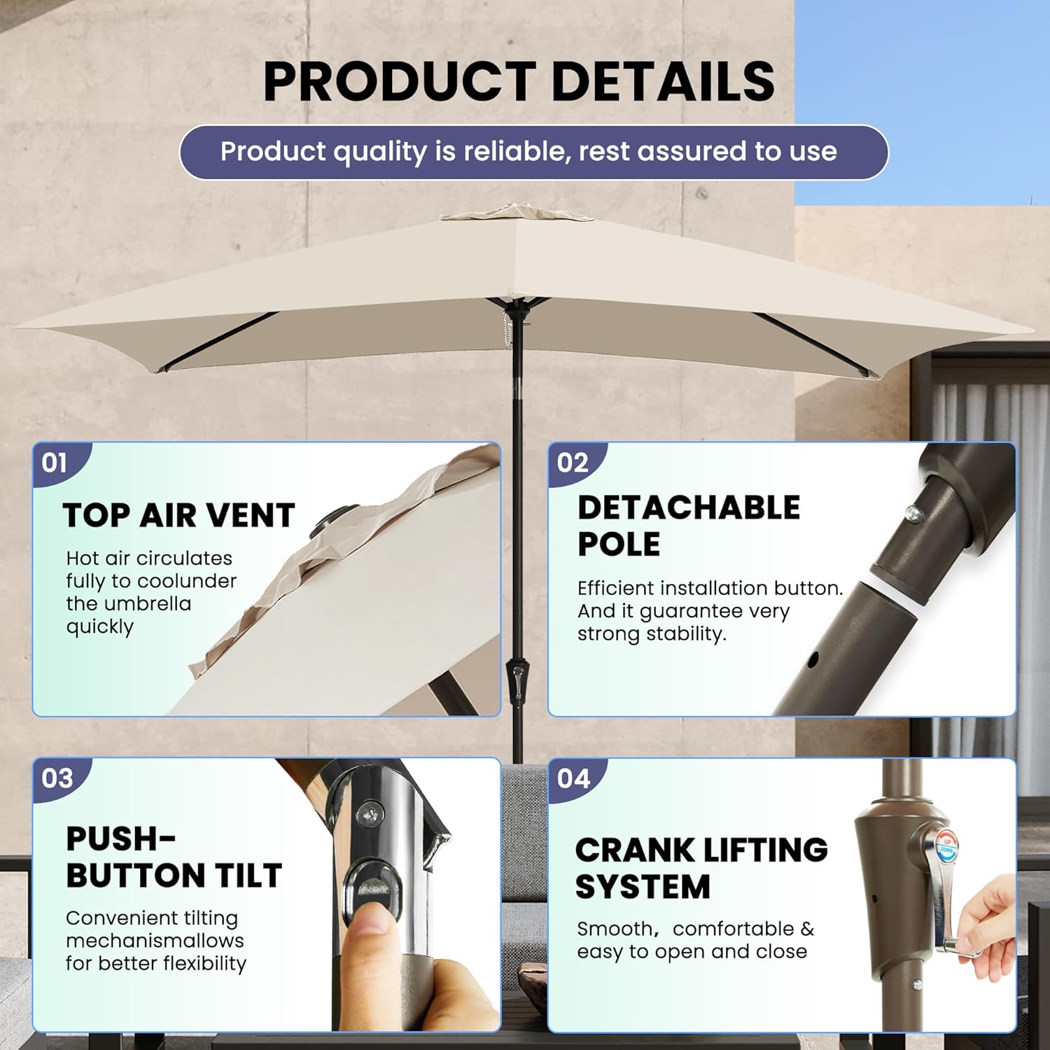 6.5x10FT Rectangular Patio Umbrella Beige