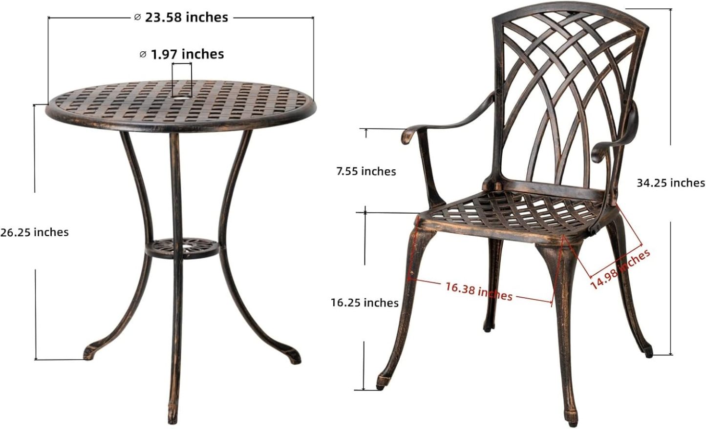 Bistro Set 3 Piece Rustproof Cast Aluminum Patio Furniture Sets Round Table Bronze