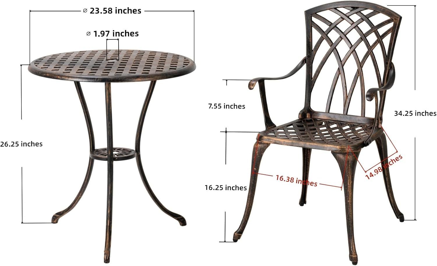 Bistro Set 3 Piece Rustproof Cast Aluminum Patio Furniture Sets Round Table Bronze