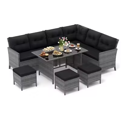 Wicker Outdoor Sectional with Black Cushions and Steel Frame