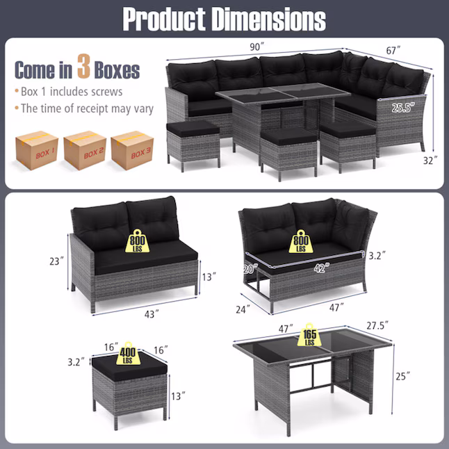Wicker Outdoor Sectional with Black Cushions and Steel Frame