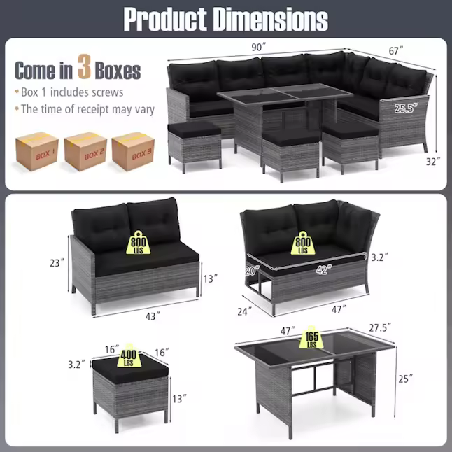 Wicker Outdoor Sectional with Black Cushions and Steel Frame