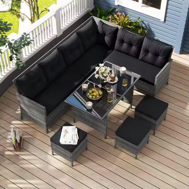 Wicker Outdoor Sectional with Black Cushions and Steel Frame