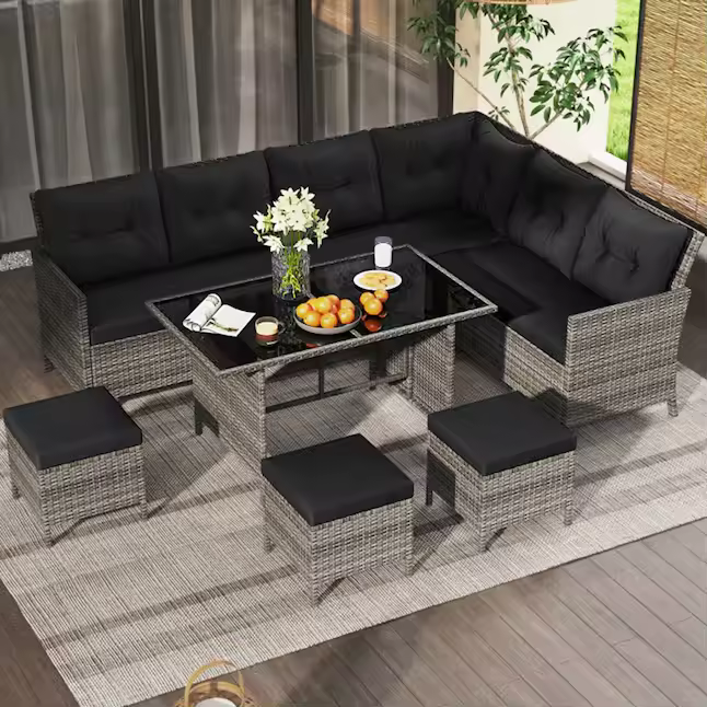 Wicker Outdoor Sectional with Black Cushions and Steel Frame