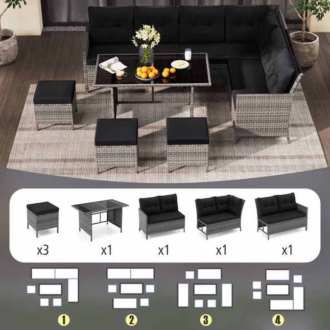 Wicker Outdoor Sectional with Black Cushions and Steel Frame