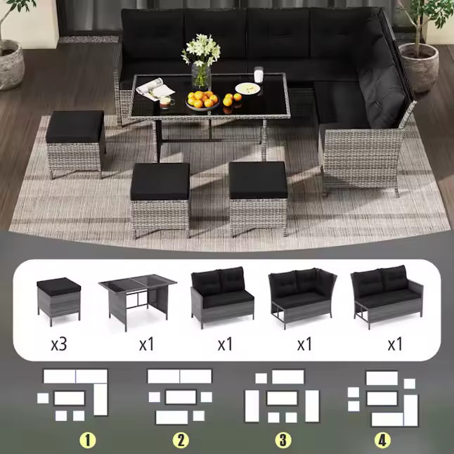 Wicker Outdoor Sectional with Black Cushions and Steel Frame