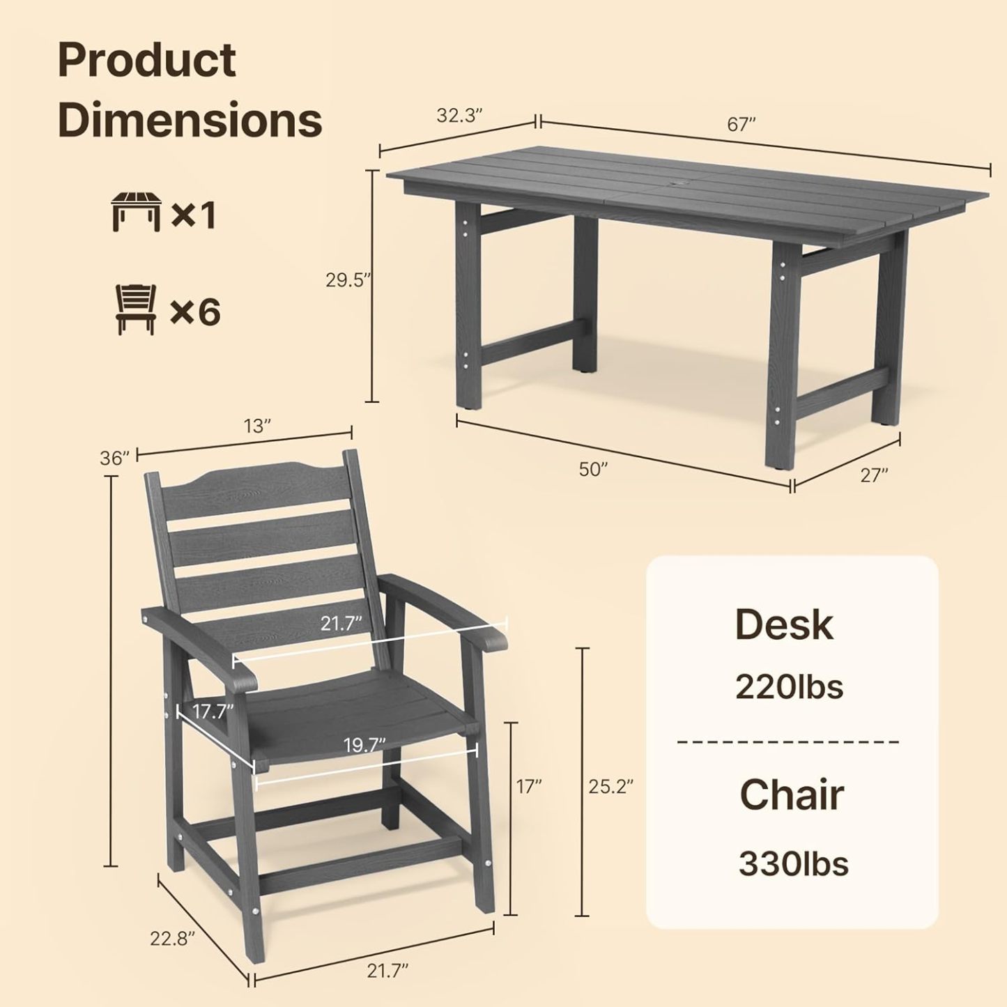 7 Piece HIPS Patio Furniture Set Grey