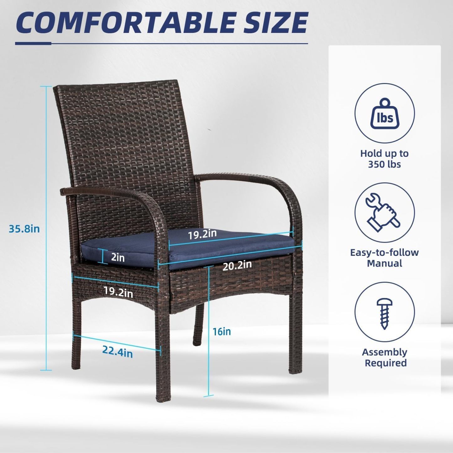 2 Pcs Wicker Patio Dining Padded Cushions Brown