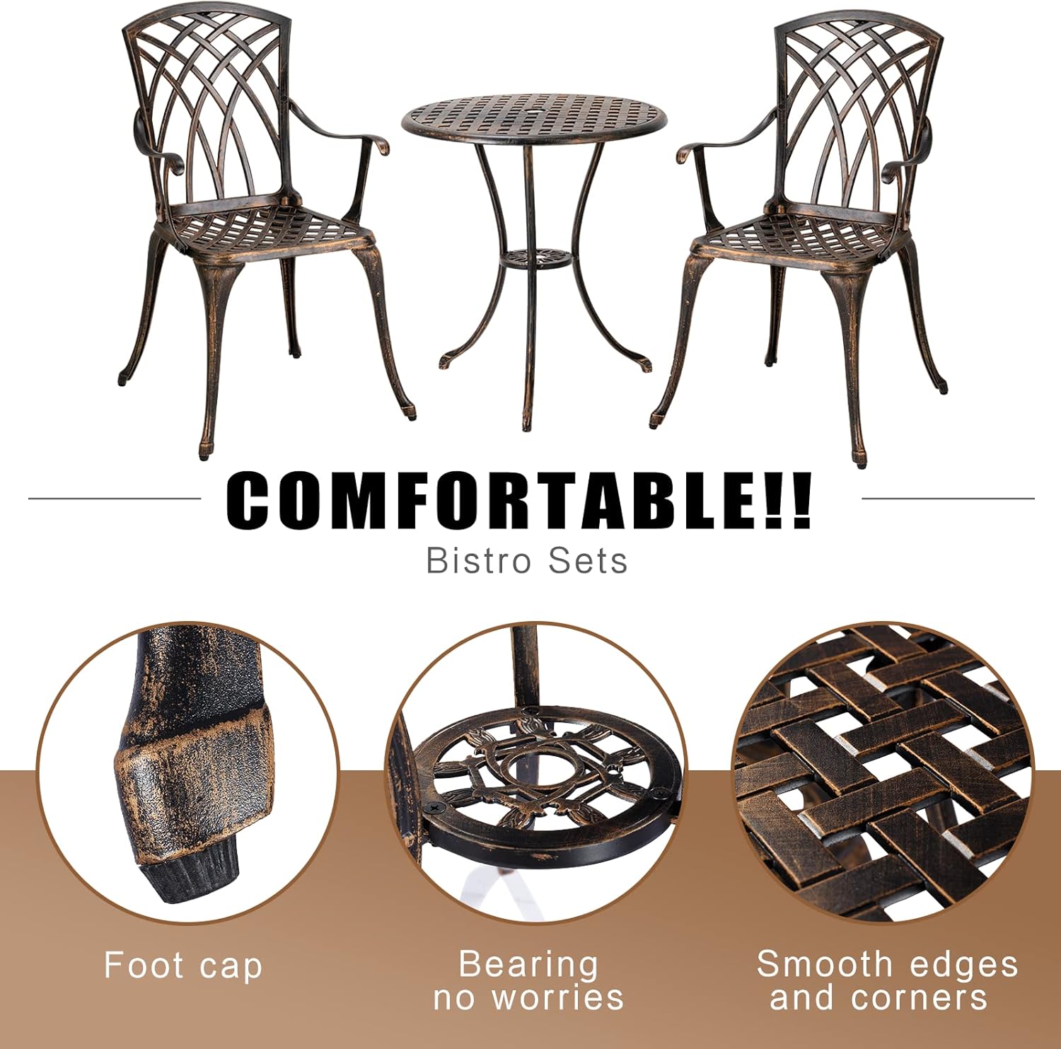 Bistro Set 3 Piece Rustproof Cast Aluminum Patio Furniture Sets Round Table Bronze