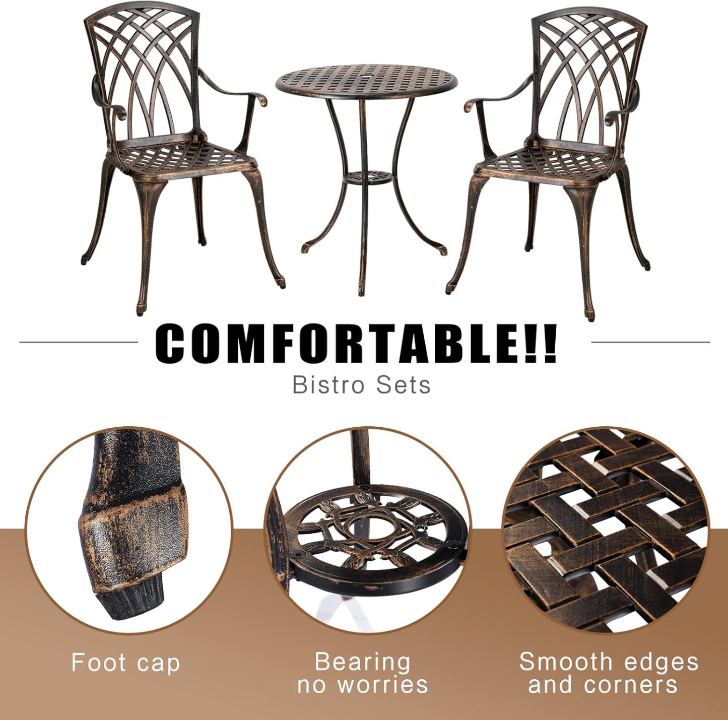 Bistro Set 3 Piece Rustproof Cast Aluminum Patio Furniture Sets Round Table Bronze