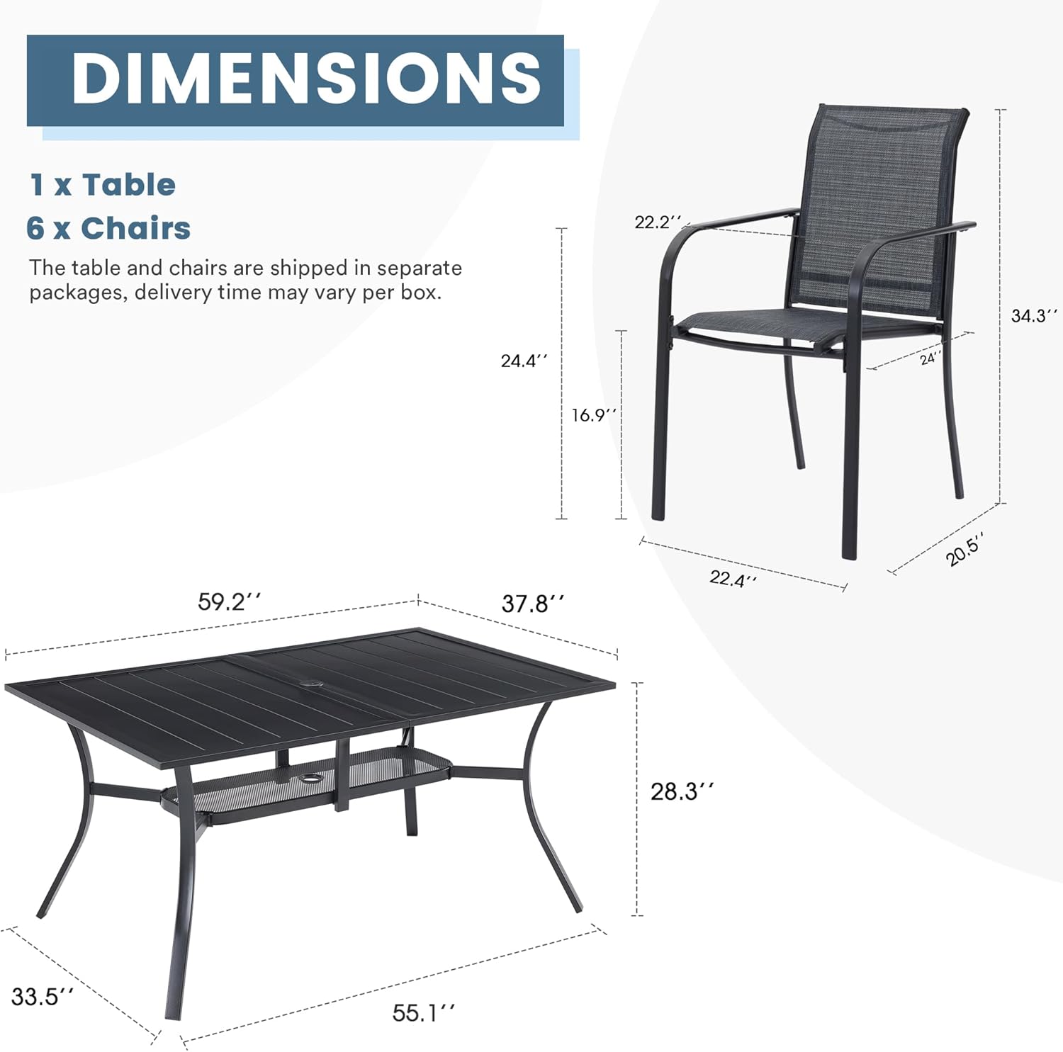 7 Pieces Patio Dining Set for 6, Patio Furniture Includes Grey Stackable Sling Outdoor Chairs and 59.2" Rectangle Metal Black Table