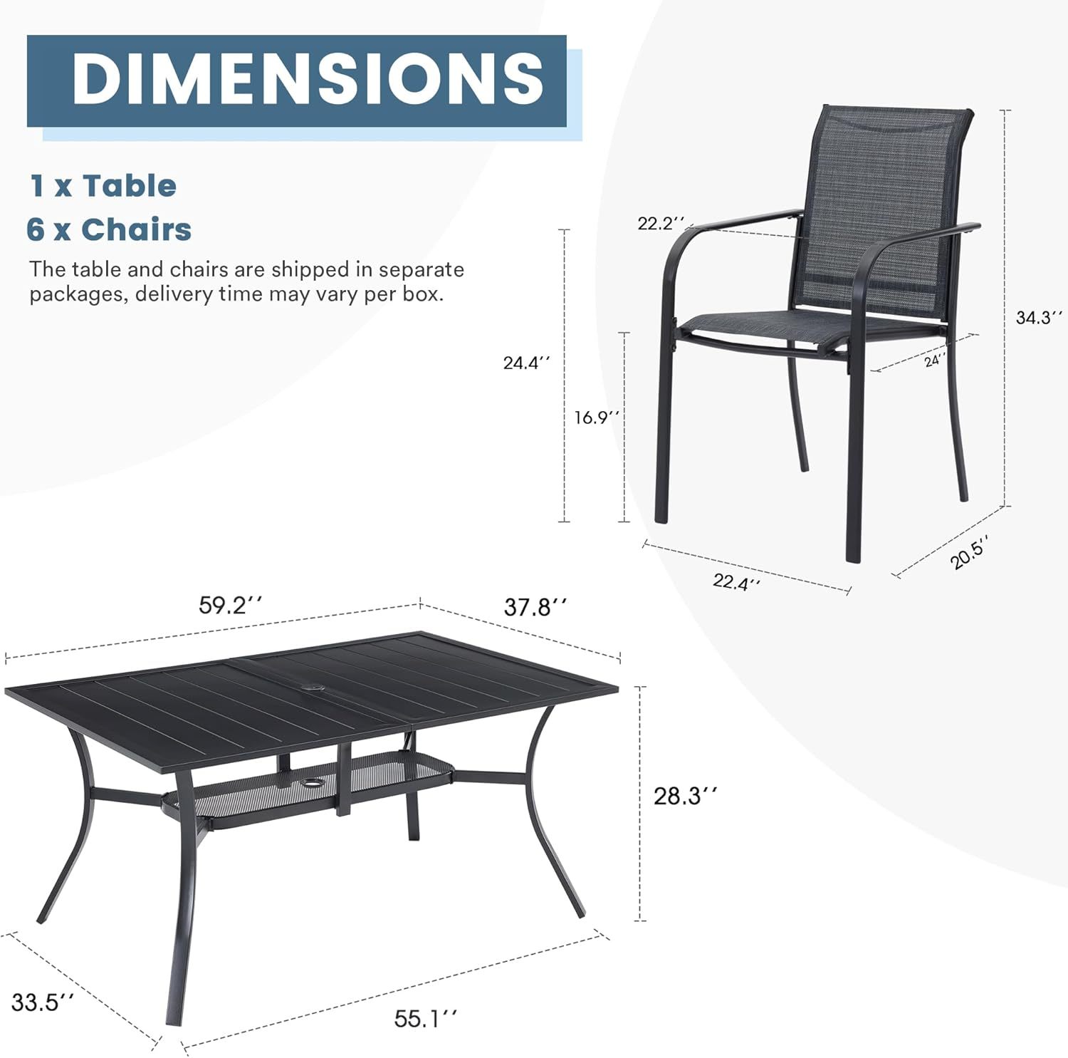 7 Pieces Patio Dining Set for 6, Patio Furniture Includes Grey Stackable Sling Outdoor Chairs and 59.2" Rectangle Metal Black Table