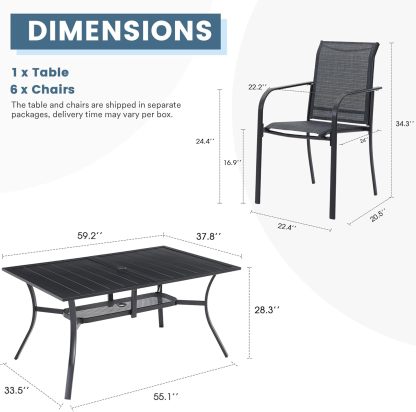 7 Pieces Patio Dining Set for 6, Patio Furniture Includes Grey Stackable Sling Outdoor Chairs and 59.2" Rectangle Metal Black Table