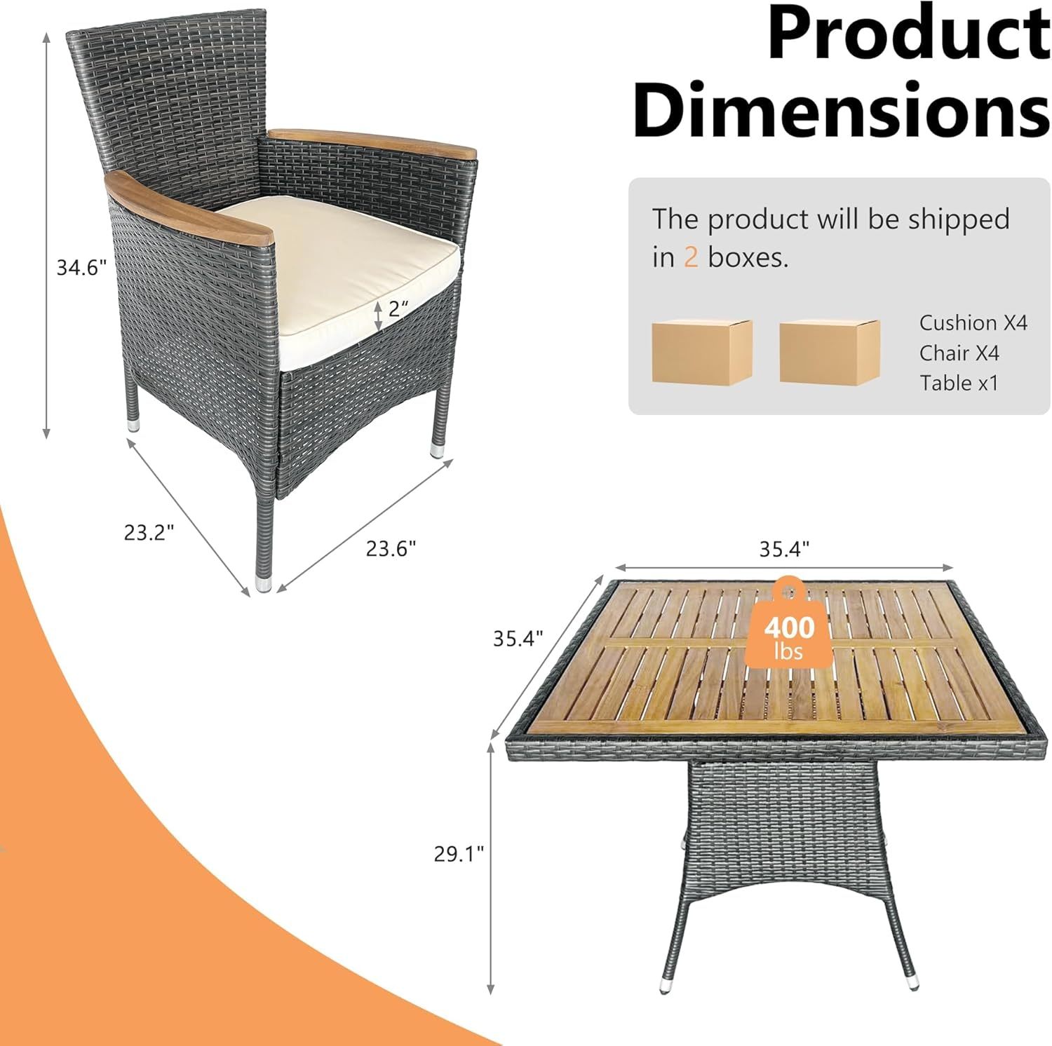 5 Piece Patio Wicker Dining Sets for 4, Water-Resistant Rattan Outdoor Dining Table and 4 Chairs