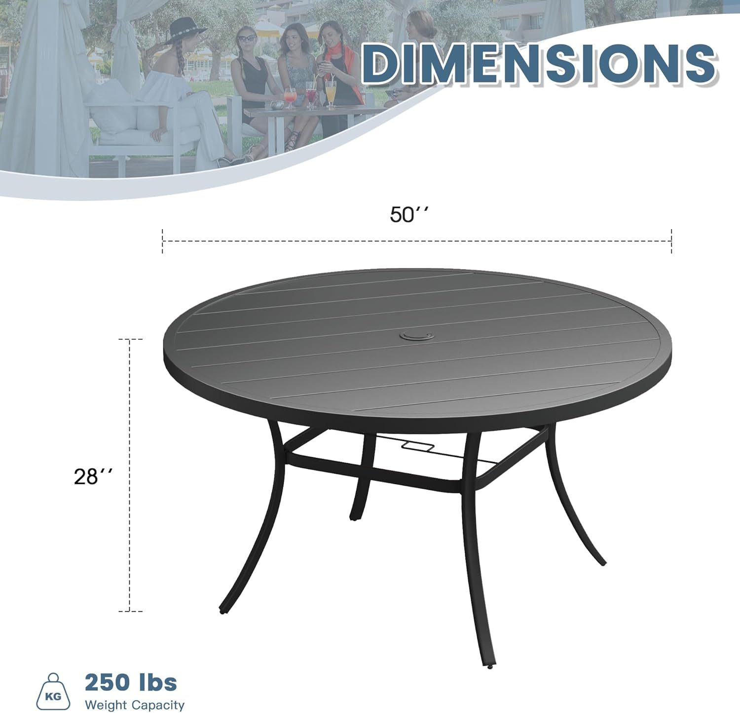 50" Round Outdoor Patio Dining Table for 6, Metal Patio Table with 1.57" Adjustable Umbrella Hole
