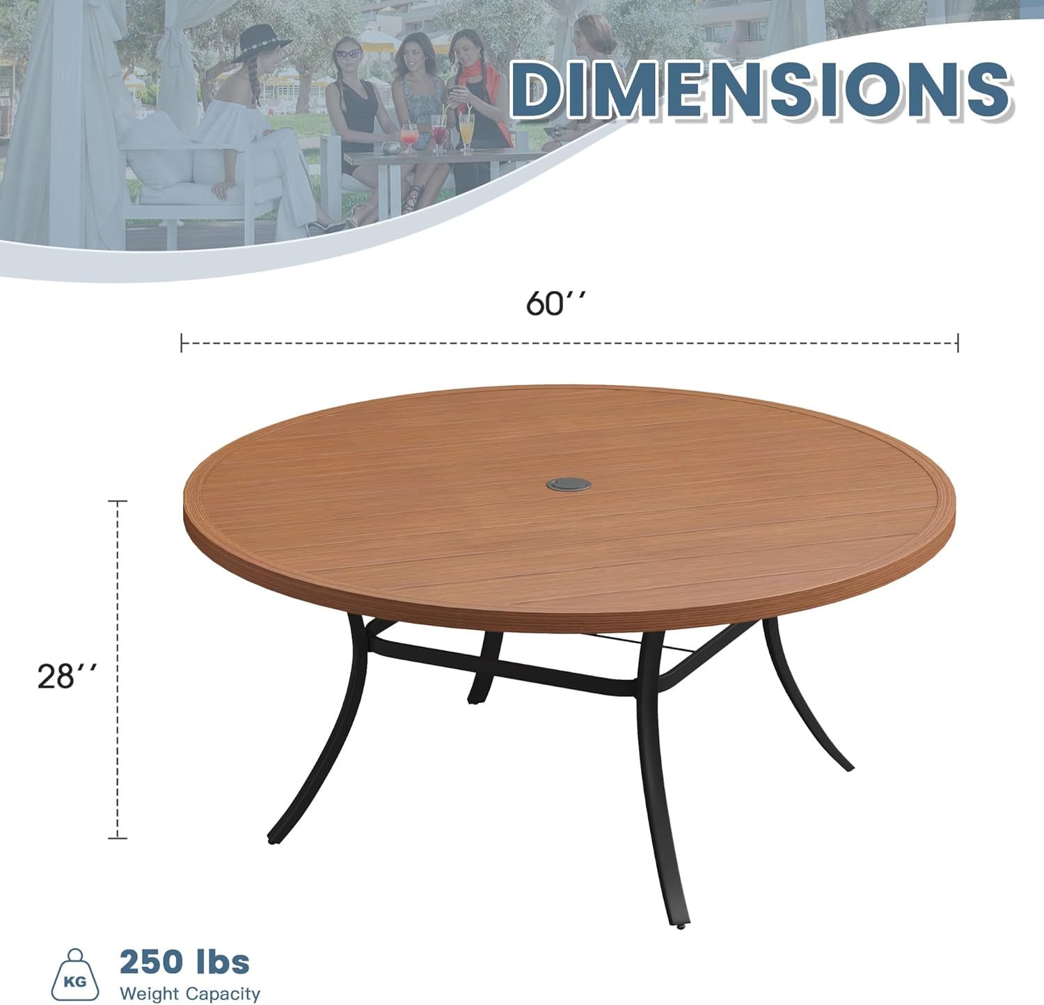 60" Round Outdoor Patio Dining Table for 8-10, Metal Patio Table with 1.57" Adjustable Umbrella Hole