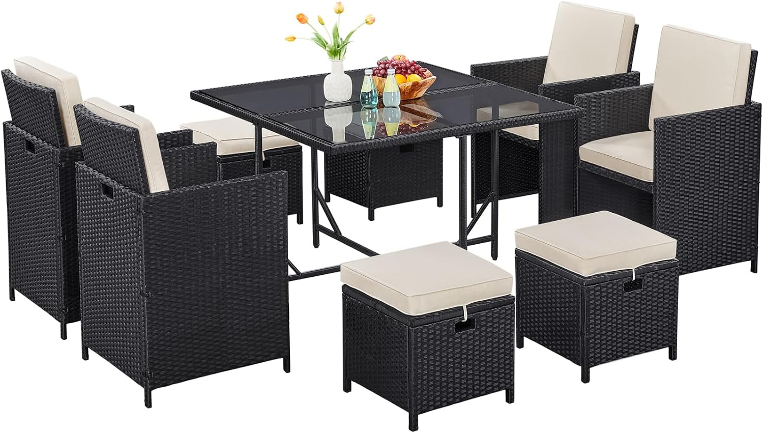 9-Piece Patio Dining Sets, Outdoor Space Saving Rattan Chairs with Glass Table
