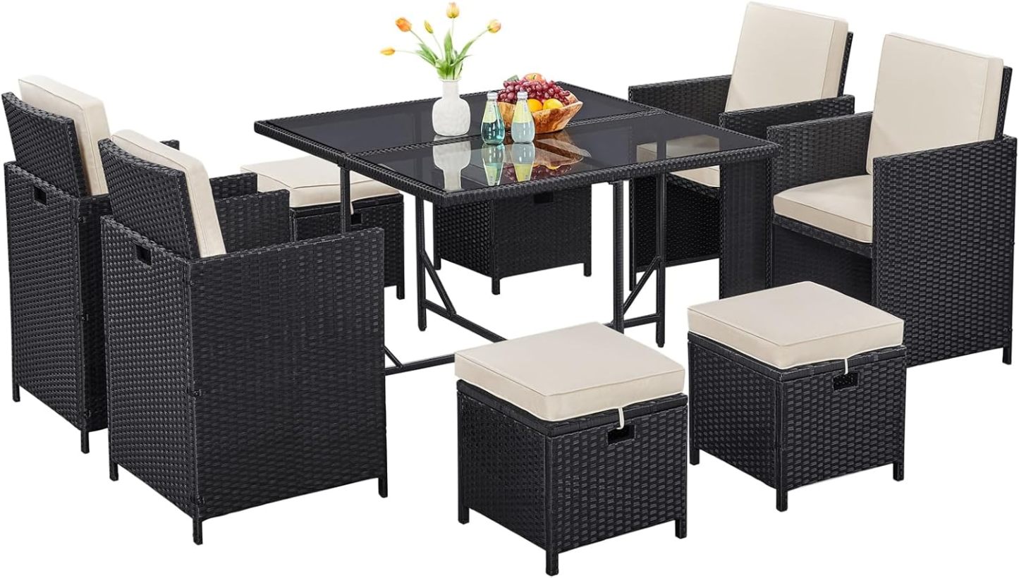 9-Piece Patio Dining Sets, Outdoor Space Saving Rattan Chairs with Glass Table