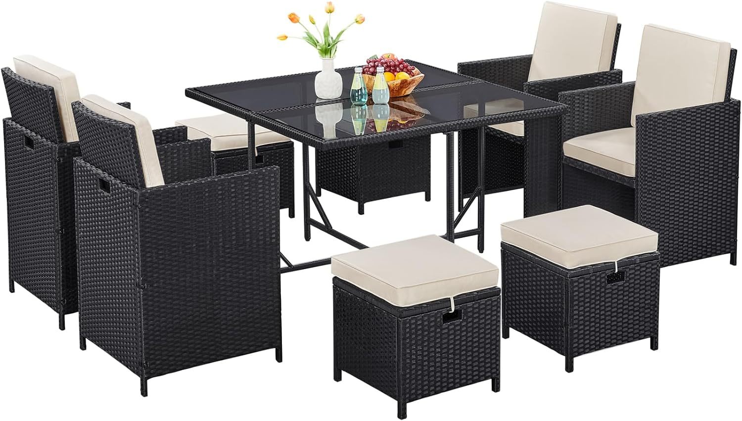 9-Piece Patio Dining Sets, Outdoor Space Saving Rattan Chairs with Glass Table