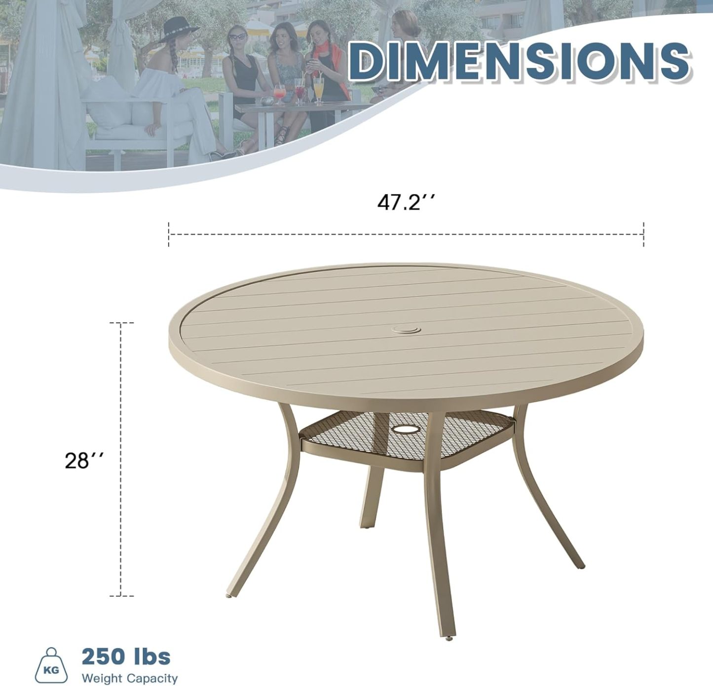 48" Round Patio Dining Table for 6, Outdoor Metal Dining Table with 1.57" Umbrella Hole
