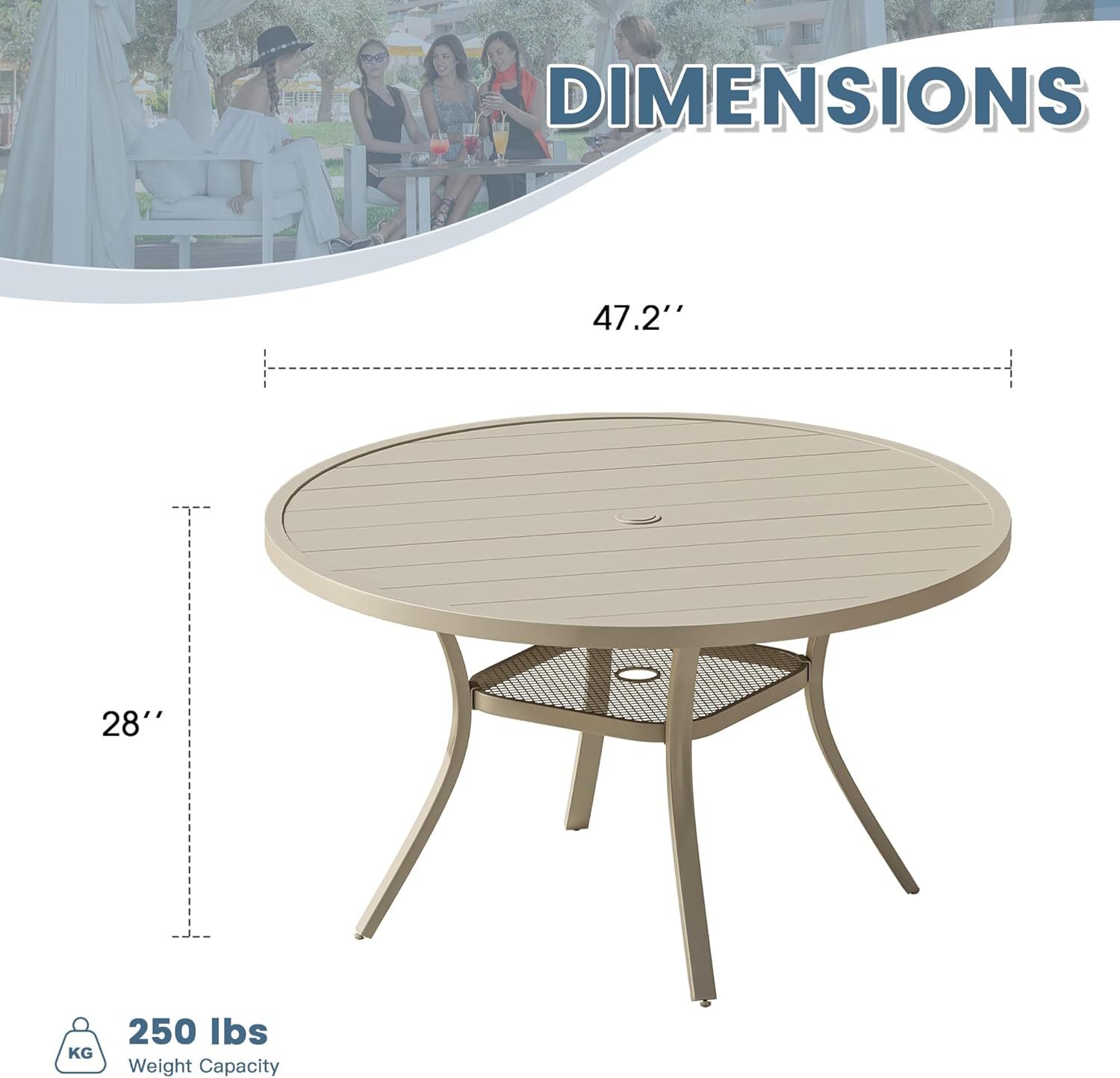 48" Round Patio Dining Table for 6, Outdoor Metal Dining Table with 1.57" Umbrella Hole