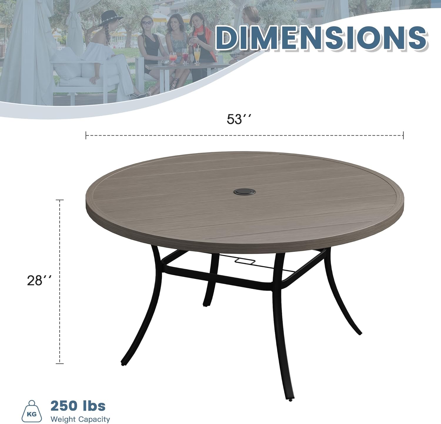 53" All Weather Round Outdoor Table with 1.57" Umbrella Hole for 8 Person
