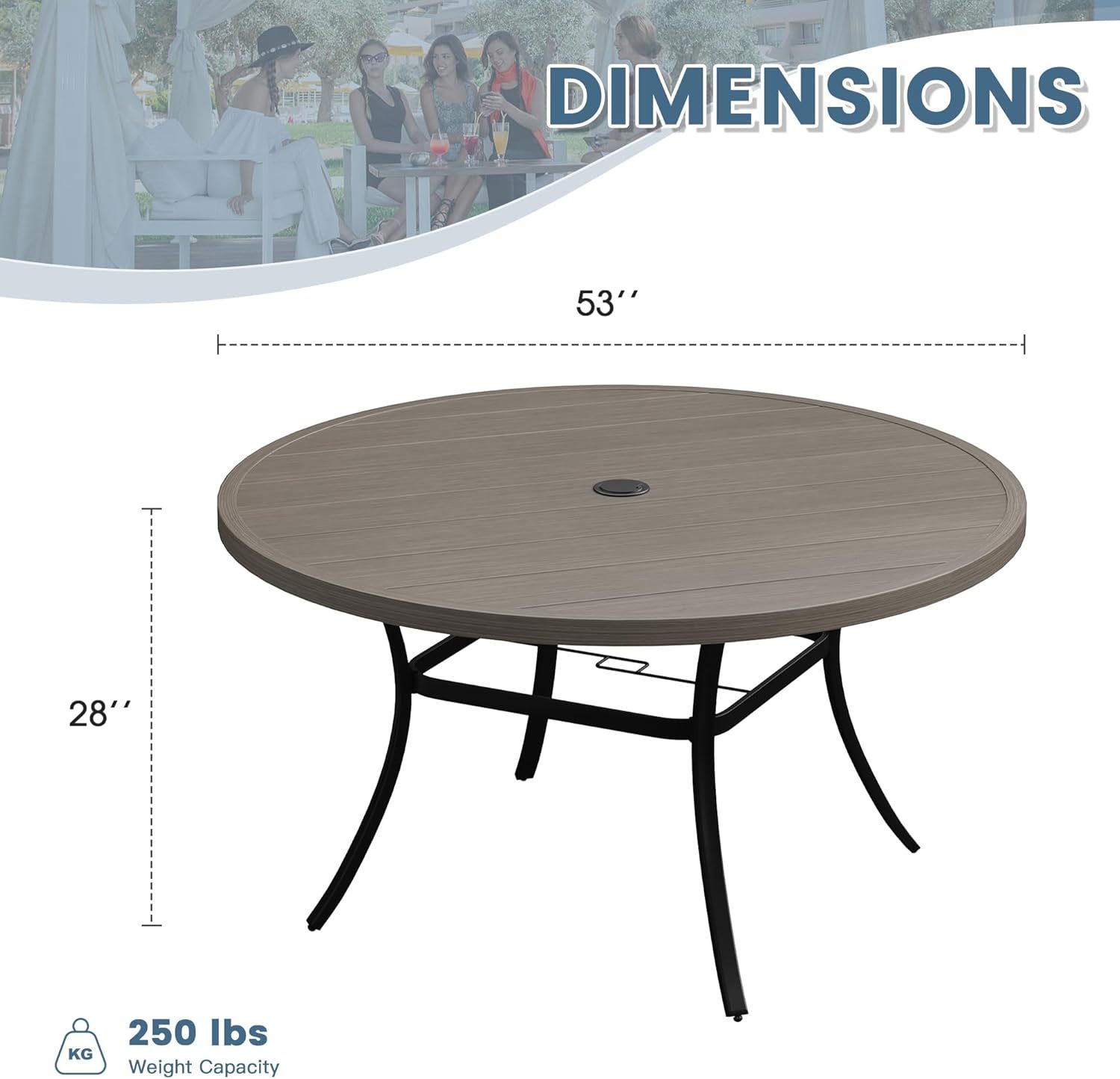 53" All Weather Round Outdoor Table with 1.57" Umbrella Hole for 8 Person