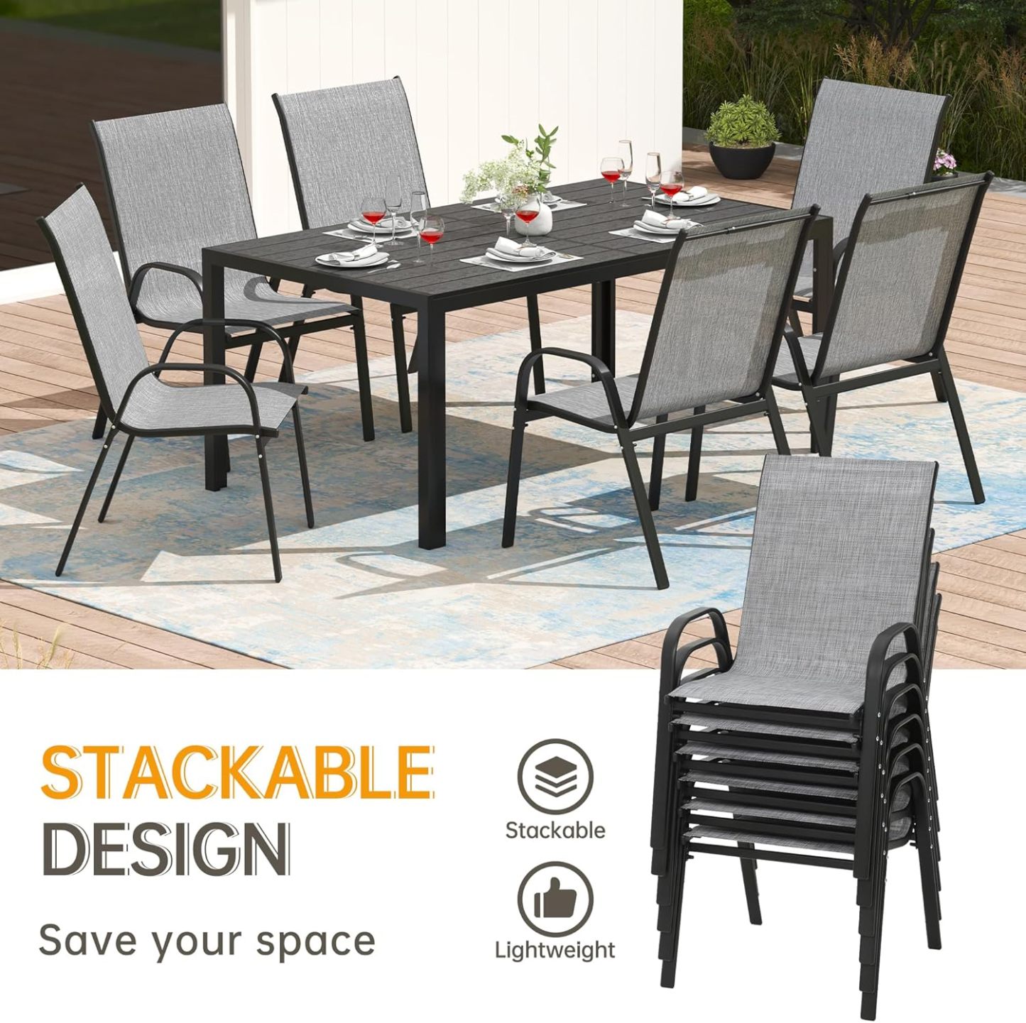 7-Piece Outdoor Patio Dining Set, 6Pcs Stackable Patio Chairs and Rectangular Dining Table