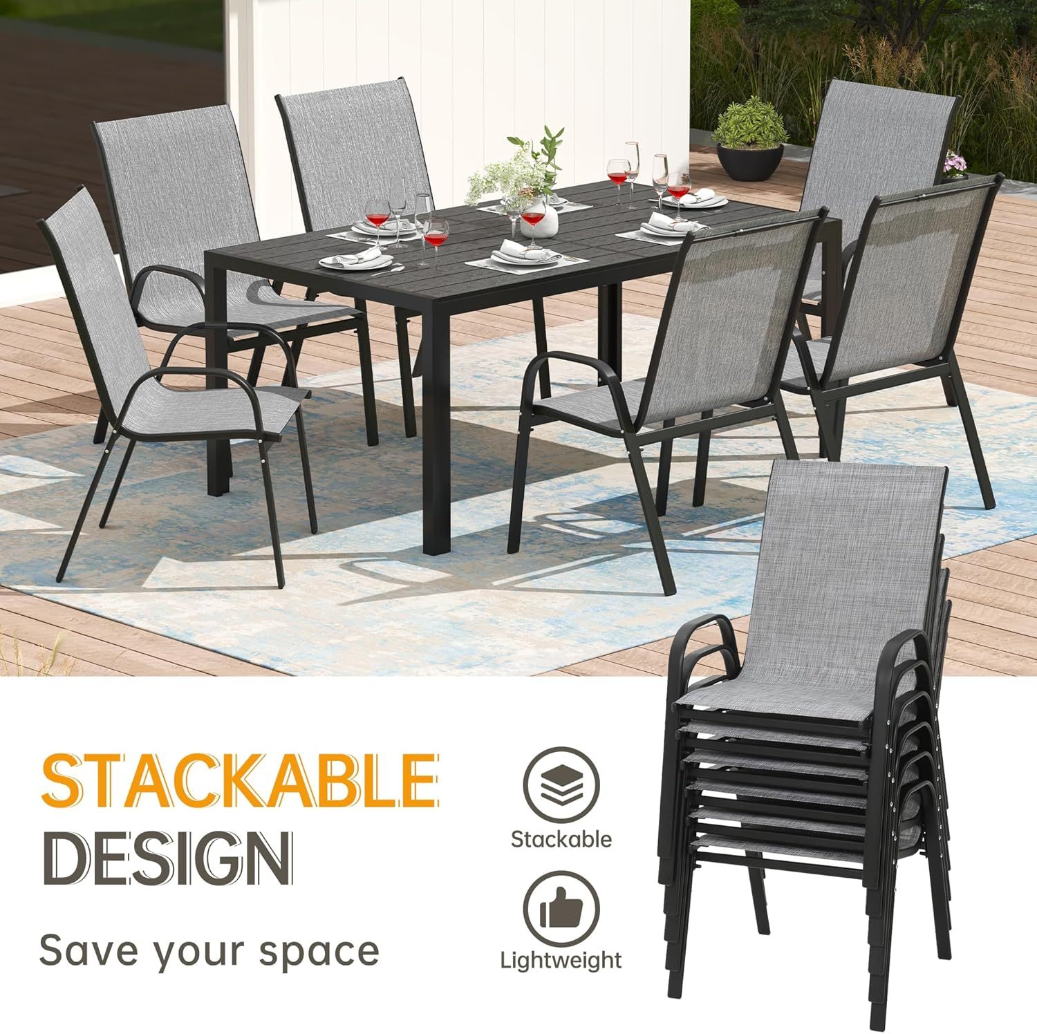 7-Piece Outdoor Patio Dining Set, 6Pcs Stackable Patio Chairs and Rectangular Dining Table