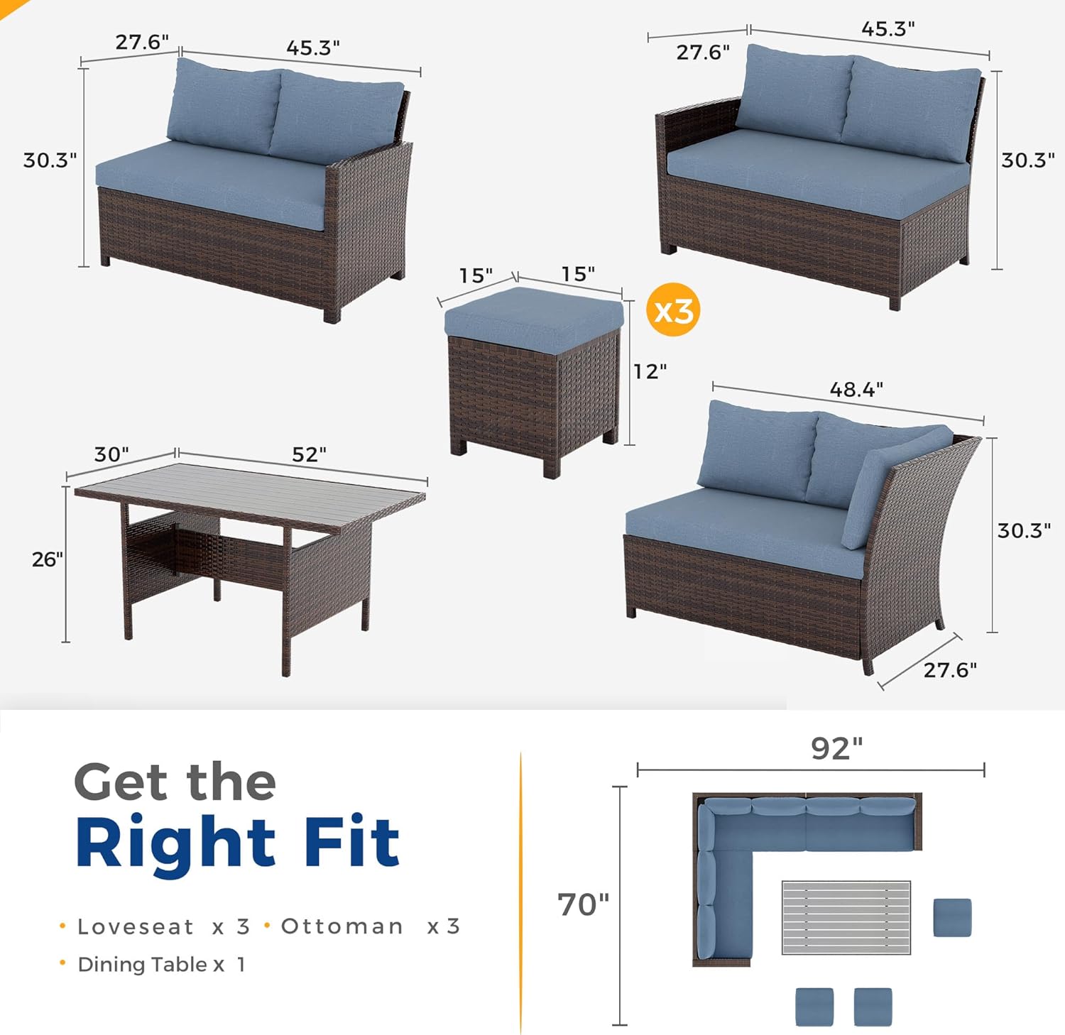 7 Piece Patio Furniture Set, High Curved Back Wicker Patio Sectional, All Weather Outdoor Dining Set