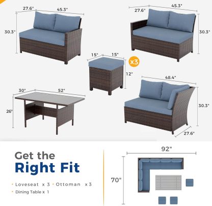7 Piece Patio Furniture Set, High Curved Back Wicker Patio Sectional, All Weather Outdoor Dining Set