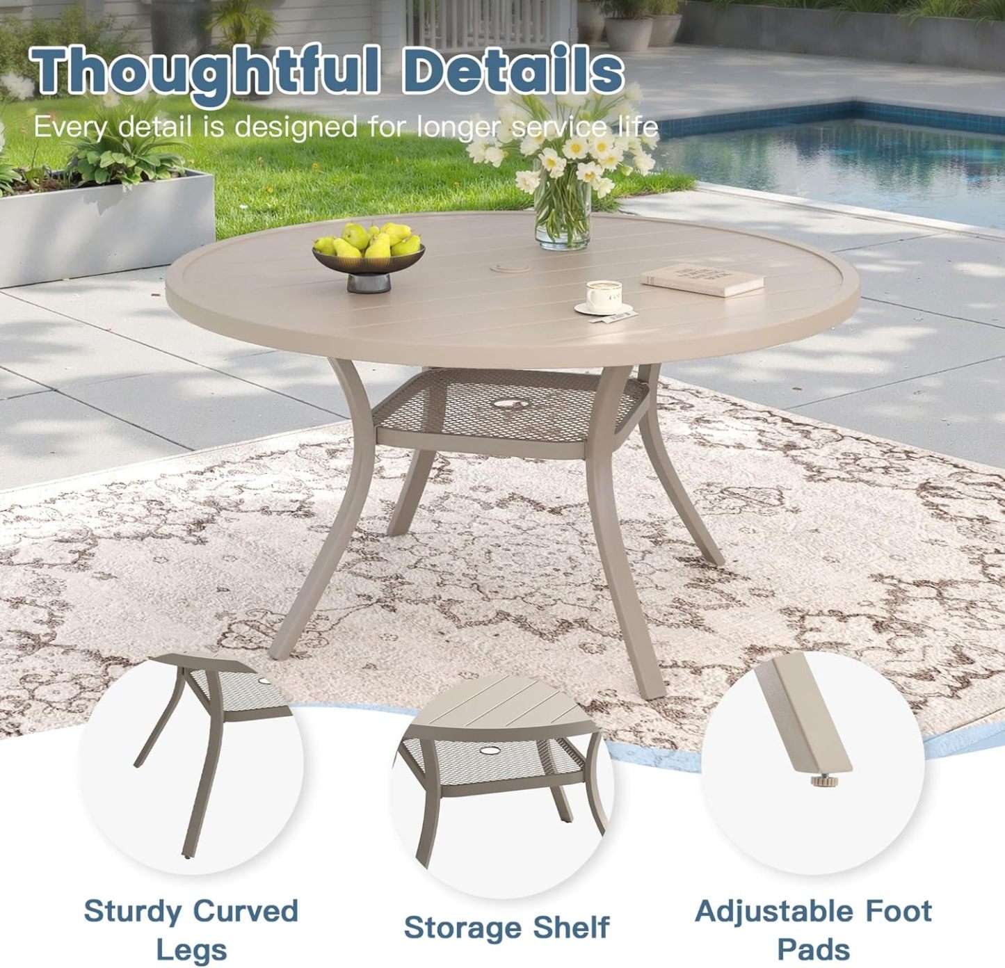 48" Round Patio Dining Table for 6, Outdoor Metal Dining Table with 1.57" Umbrella Hole