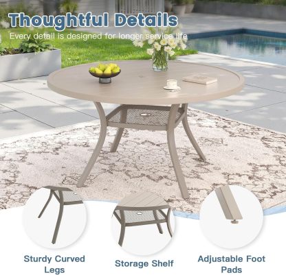 48" Round Patio Dining Table for 6, Outdoor Metal Dining Table with 1.57" Umbrella Hole