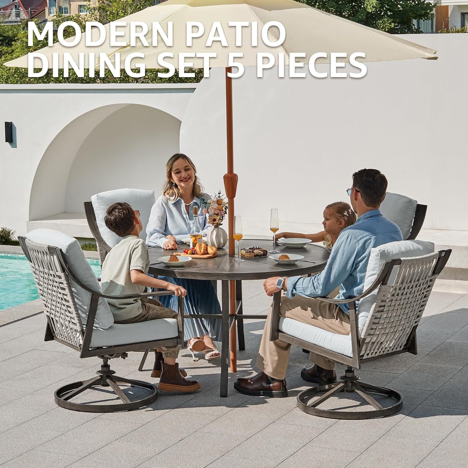 5-Piece Outdoor Patio Dining Set, 4pcs Patio Swivel Rocking Chairs and 38’’ Round Dining Table
