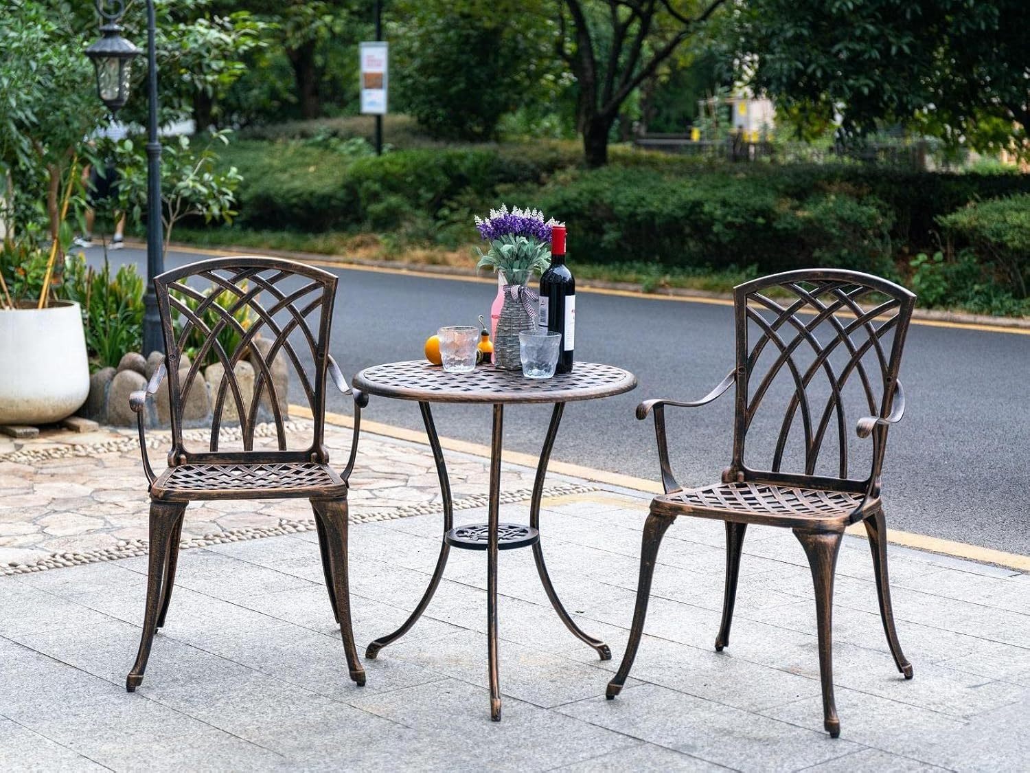 Bistro Set 3 Piece Rustproof Cast Aluminum Patio Furniture Sets Round Table Bronze