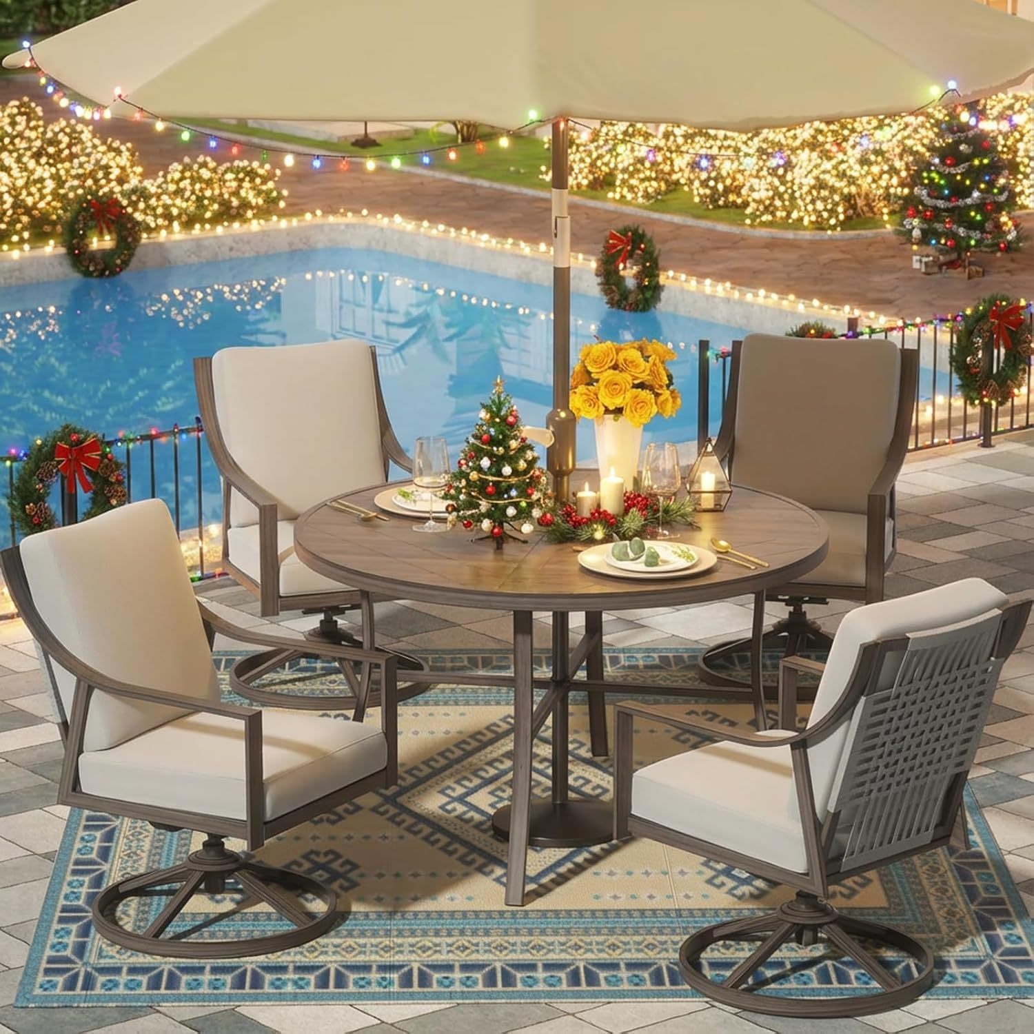 5-Piece Outdoor Patio Dining Set, 4pcs Patio Swivel Rocking Chairs and 38’’ Round Dining Table