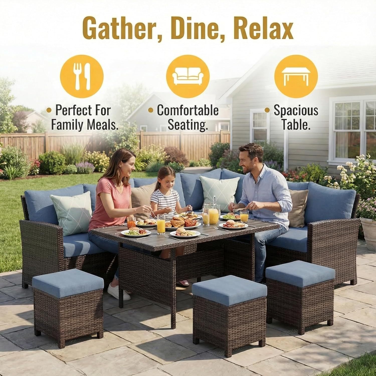 7 Piece Patio Furniture Set, High Curved Back Wicker Patio Sectional, All Weather Outdoor Dining Set