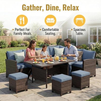 7 Piece Patio Furniture Set, High Curved Back Wicker Patio Sectional, All Weather Outdoor Dining Set