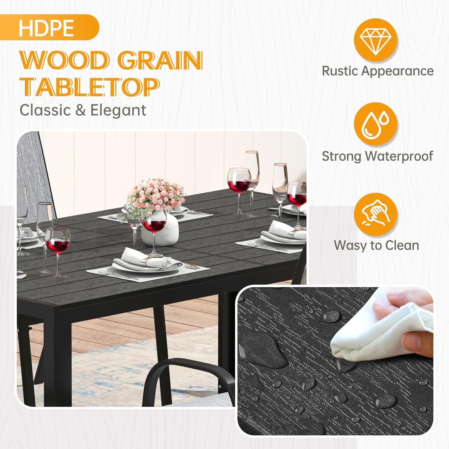 7-Piece Outdoor Patio Dining Set, 6Pcs Stackable Patio Chairs and Rectangular Dining Table