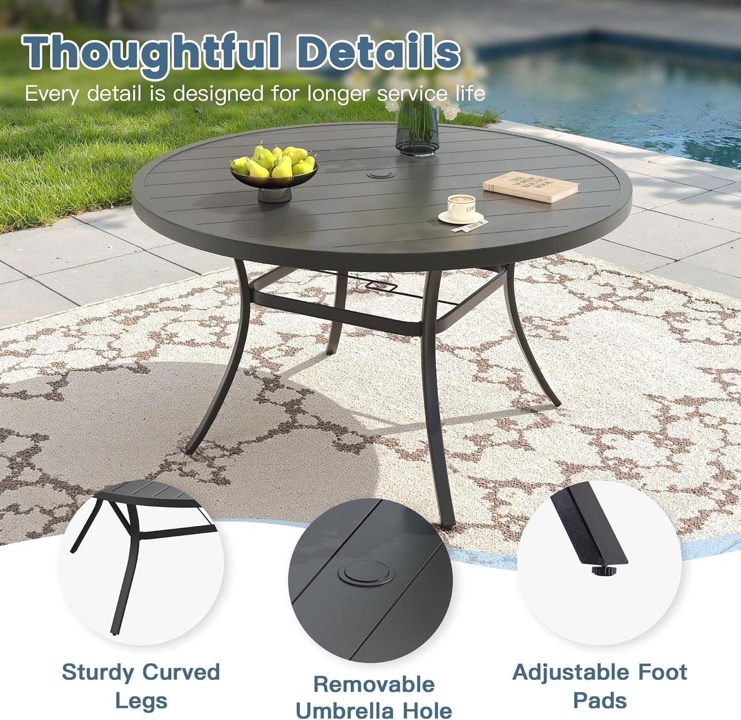 50" Round Outdoor Patio Dining Table for 6, Metal Patio Table with 1.57" Adjustable Umbrella Hole