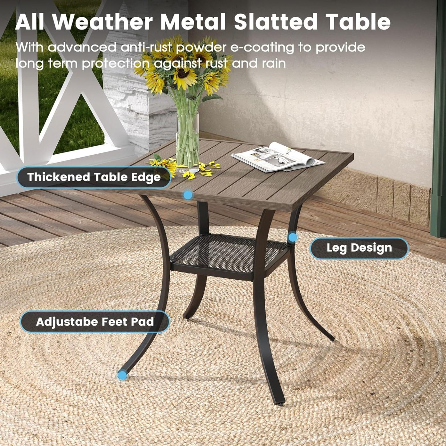 27.6" Square Patio Dining Table, Grey Wood-Like Small Outdoor Bistro Table
